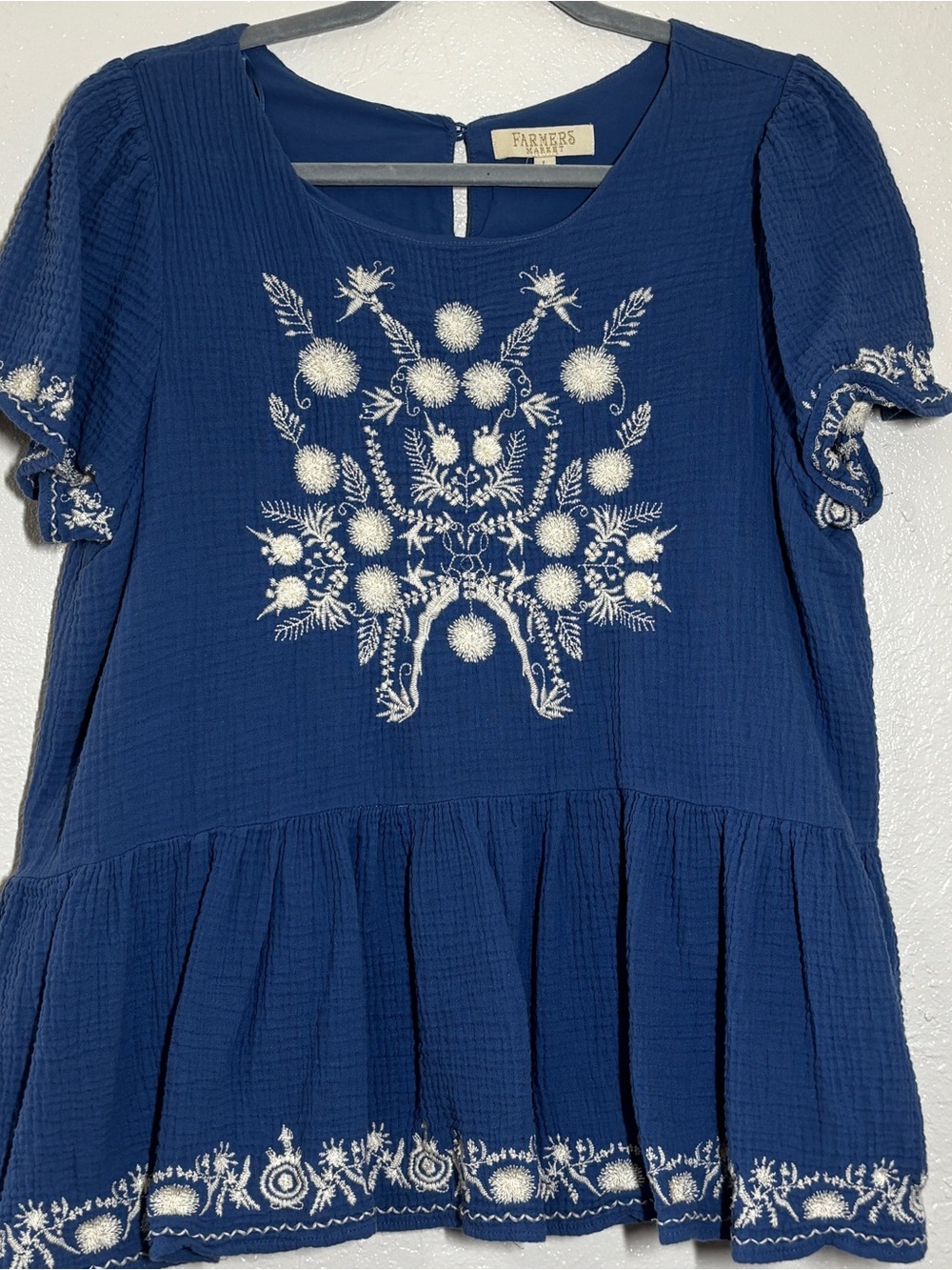 Farmers Market Blue Embroidered Peasant Blouse